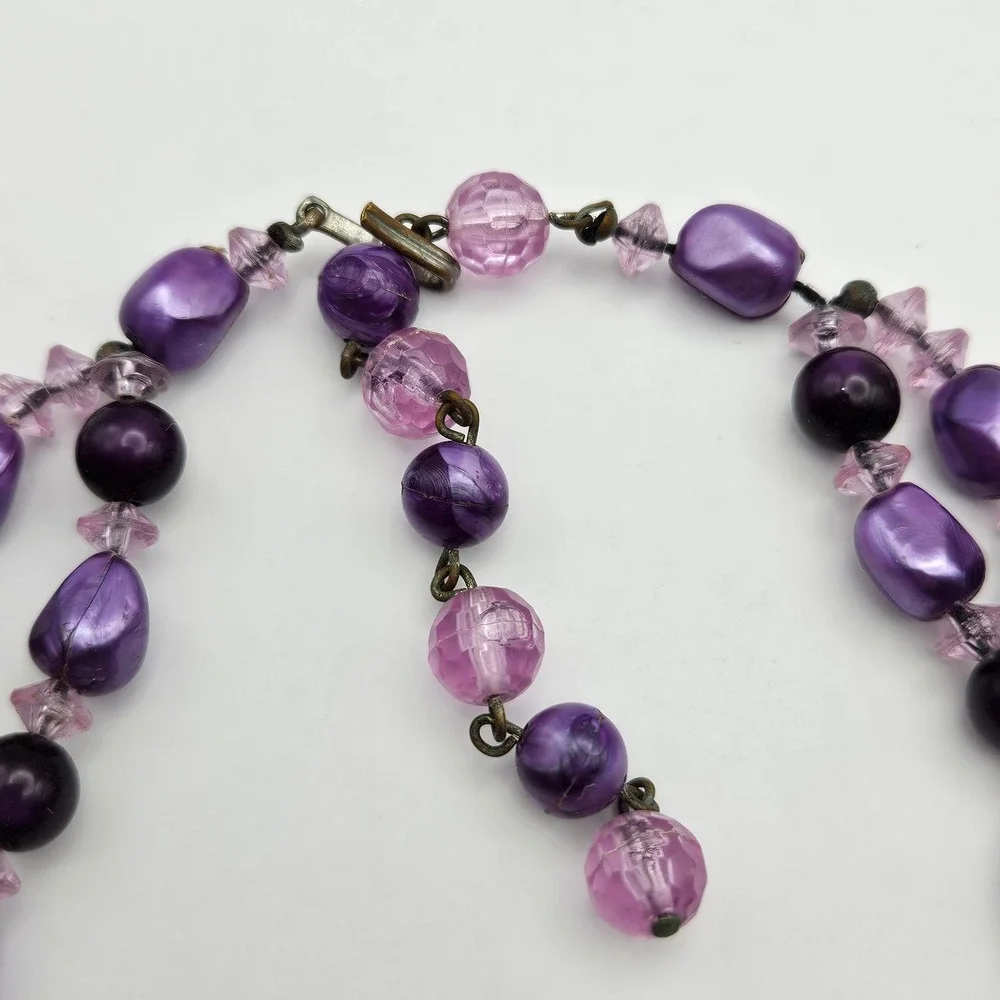 Vintage Purple Bead Double Strand Necklace and Clip On Earring Set Mid Century